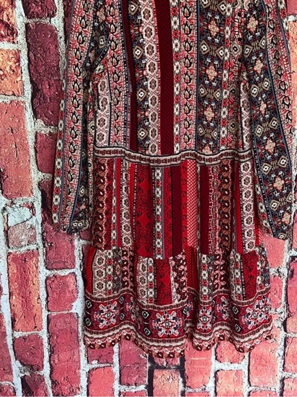 LOFT Red Multi-Pattern Long-Sleeve Tiered Dress - Picture 2 of 11